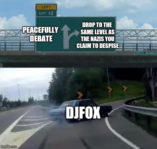 Left Exit 12 Off Ramp Meme | PEACEFULLY DEBATE DROP TO THE SAME LEVEL AS THE NAZIS YOU CLAIM TO DESPISE DJFOX | image tagged in memes,left exit 12 off ramp | made w/ Imgflip meme maker