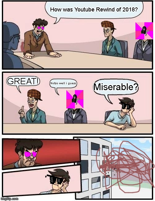 Thats A HUUUUUUUUUUUUUUGE Shit!! | How was Youtube Rewind of 2018? GREAT! Notso well i guess. Miserable? | image tagged in memes,boardroom meeting suggestion | made w/ Imgflip meme maker