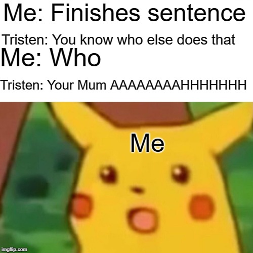 Surprised Pikachu Meme | Me: Finishes sentence; Tristen: You know who else does that; Me: Who; Tristen: Your Mum AAAAAAAAHHHHHHH; Me | image tagged in memes,surprised pikachu | made w/ Imgflip meme maker