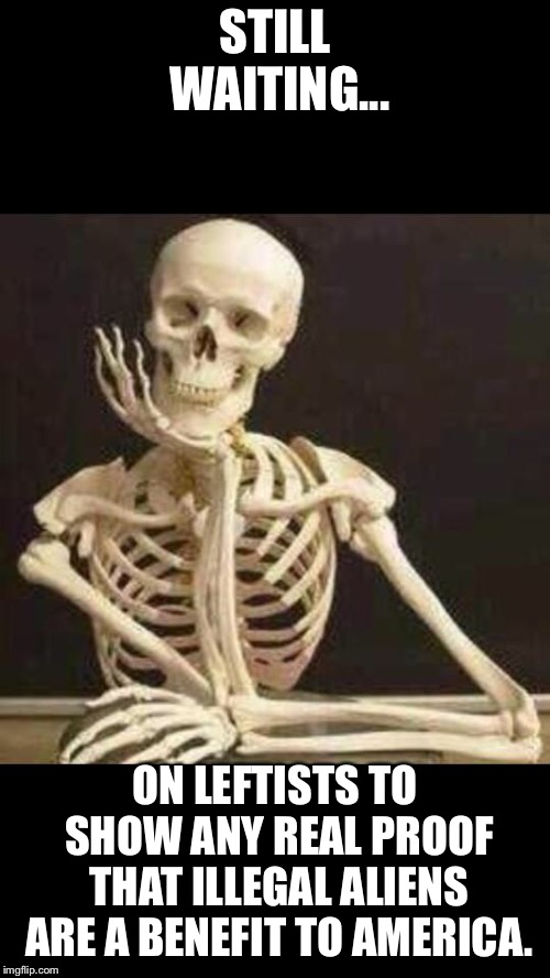 skeleton waiting | STILL WAITING... ON LEFTISTS TO SHOW ANY REAL PROOF THAT ILLEGAL ALIENS ARE A BENEFIT TO AMERICA. | image tagged in skeleton waiting,illegal immigration,illegal aliens,democratic party,democrats,liberals | made w/ Imgflip meme maker