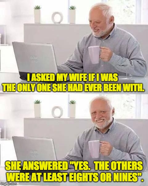 hide the pain harold | I ASKED MY WIFE IF I WAS THE ONLY ONE SHE HAD EVER BEEN WITH. SHE ANSWERED "YES.  THE OTHERS WERE AT LEAST EIGHTS OR NINES". | image tagged in hide the pain harold | made w/ Imgflip meme maker