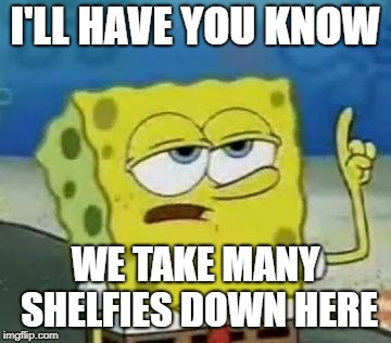 I'll Have You Know Spongebob Meme | I'LL HAVE YOU KNOW WE TAKE MANY SHELFIES DOWN HERE | image tagged in memes,ill have you know spongebob | made w/ Imgflip meme maker