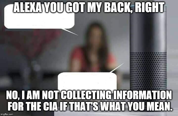 Alexa do X | ALEXA YOU GOT MY BACK, RIGHT; NO, I AM NOT COLLECTING INFORMATION FOR THE CIA IF THAT'S WHAT YOU MEAN. | image tagged in alexa do x | made w/ Imgflip meme maker