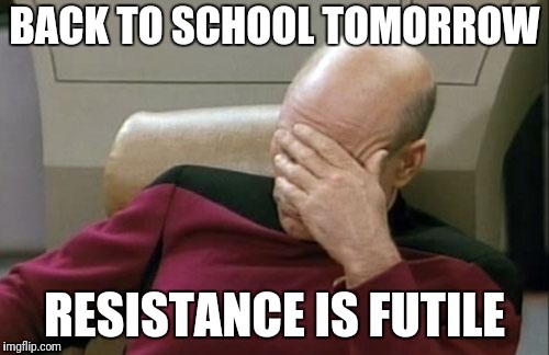 Back to school | BACK TO SCHOOL TOMORROW; RESISTANCE IS FUTILE | image tagged in memes,captain picard facepalm | made w/ Imgflip meme maker