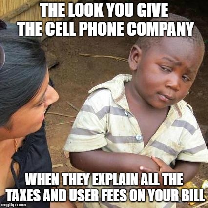 Third World Skeptical Kid Meme | THE LOOK YOU GIVE THE CELL PHONE COMPANY; WHEN THEY EXPLAIN ALL THE TAXES AND USER FEES ON YOUR BILL | image tagged in memes,third world skeptical kid | made w/ Imgflip meme maker