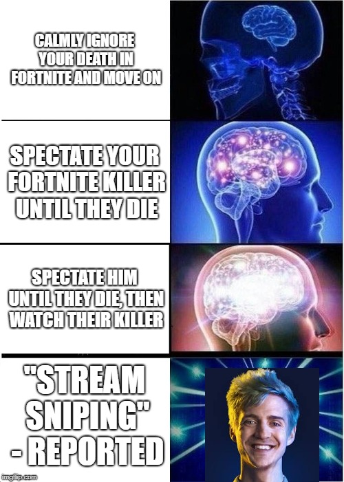 Expanding Brain Meme | CALMLY IGNORE YOUR DEATH IN FORTNITE AND MOVE ON; SPECTATE YOUR FORTNITE KILLER UNTIL THEY DIE; SPECTATE HIM UNTIL THEY DIE, THEN WATCH THEIR KILLER; "STREAM SNIPING" - REPORTED | image tagged in memes,expanding brain | made w/ Imgflip meme maker