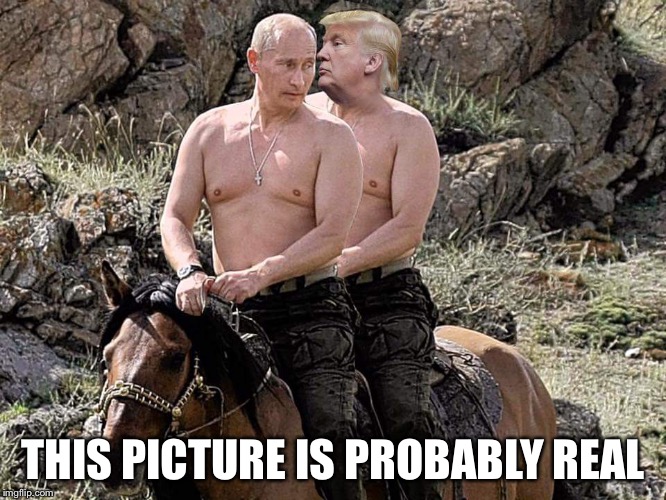 Putin Trump on Horse | THIS PICTURE IS PROBABLY REAL | image tagged in putin trump on horse | made w/ Imgflip meme maker