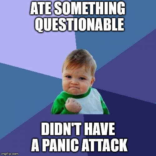Success Kid Meme | ATE SOMETHING QUESTIONABLE; DIDN'T HAVE A PANIC ATTACK | image tagged in memes,success kid | made w/ Imgflip meme maker