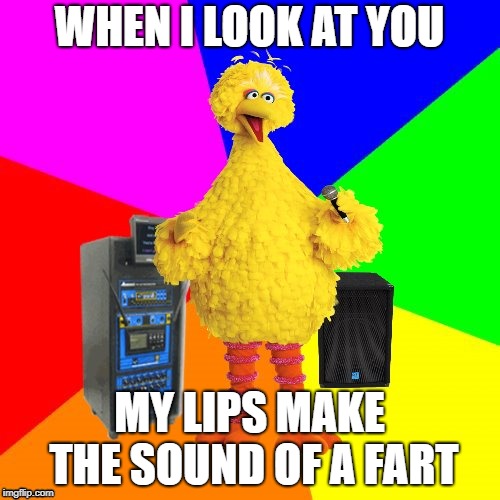 Wrong lyrics karaoke big bird | WHEN I LOOK AT YOU MY LIPS MAKE THE SOUND OF A FART | image tagged in wrong lyrics karaoke big bird | made w/ Imgflip meme maker