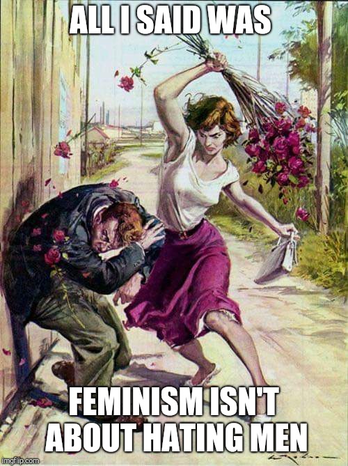Beaten with Roses | ALL I SAID WAS; FEMINISM ISN'T ABOUT HATING MEN | image tagged in beaten with roses | made w/ Imgflip meme maker