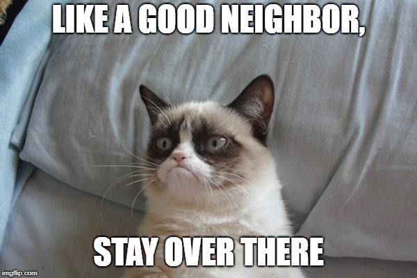 Grumpy Cat Bed Meme | LIKE A GOOD NEIGHBOR, STAY OVER THERE | image tagged in memes,grumpy cat bed,grumpy cat,dankmemes | made w/ Imgflip meme maker
