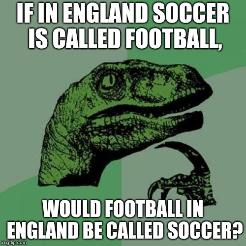 Philosoraptor | IF IN ENGLAND SOCCER IS CALLED FOOTBALL, WOULD FOOTBALL IN ENGLAND BE CALLED SOCCER? | image tagged in memes,philosoraptor | made w/ Imgflip meme maker