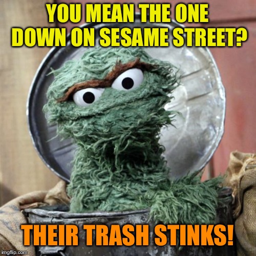 YOU MEAN THE ONE DOWN ON SESAME STREET? THEIR TRASH STINKS! | made w/ Imgflip meme maker