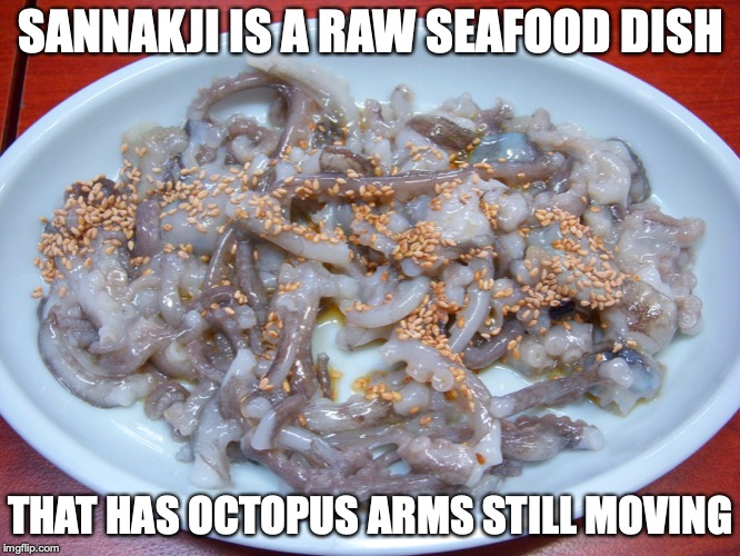 Sannakji | SANNAKJI IS A RAW SEAFOOD DISH; THAT HAS OCTOPUS ARMS STILL MOVING | image tagged in sannakji,food,memes | made w/ Imgflip meme maker