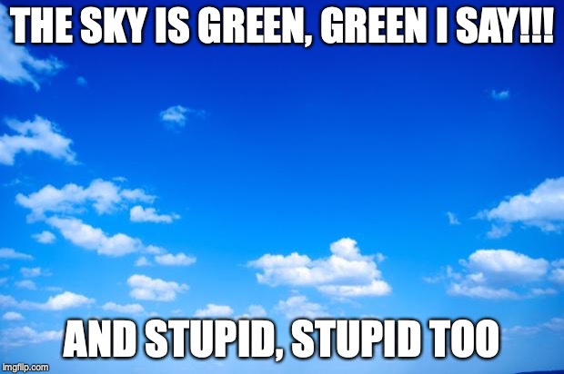 blue sky | THE SKY IS GREEN, GREEN I SAY!!! AND STUPID, STUPID TOO | image tagged in blue sky | made w/ Imgflip meme maker