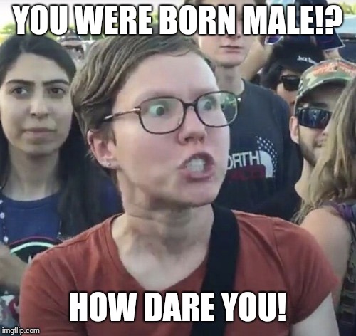 Triggered feminist | YOU WERE BORN MALE!? HOW DARE YOU! | image tagged in triggered feminist | made w/ Imgflip meme maker