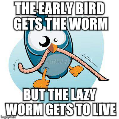 Upon close scrutiny.... | THE EARLY BIRD GETS THE WORM; BUT THE LAZY WORM GETS TO LIVE | image tagged in memes,funny animals,motivation | made w/ Imgflip meme maker
