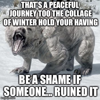 skyrim bear | THAT’S A PEACEFUL JOURNEY TOO THE COLLAGE OF WINTER HOLD YOUR HAVING; BE A SHAME IF SOMEONE... RUINED IT | image tagged in skyrim bear | made w/ Imgflip meme maker