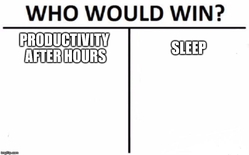 Who Would Win? Meme | PRODUCTIVITY AFTER HOURS; SLEEP | image tagged in memes,who would win | made w/ Imgflip meme maker