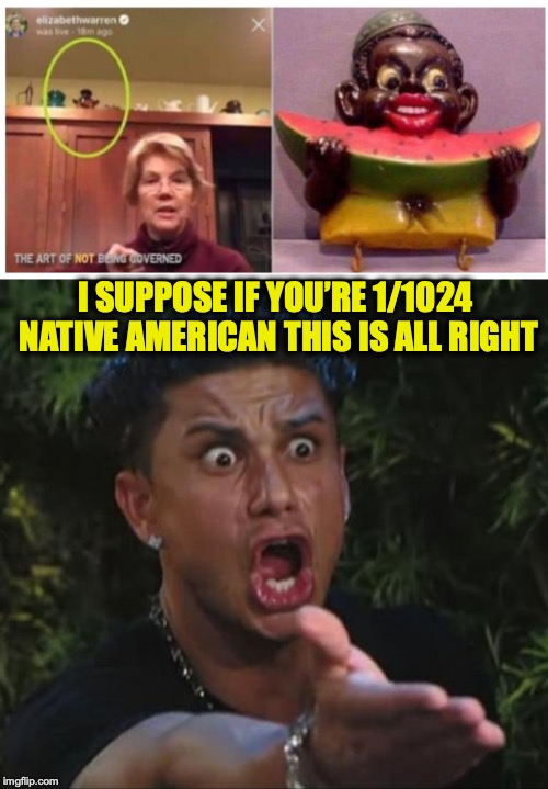 "Native American" Privilege | I SUPPOSE IF YOU’RE 1/1024 NATIVE AMERICAN THIS IS ALL RIGHT | image tagged in dj pauly d,pocahontas,elizabeth warren,racism,politics,hipocrisy | made w/ Imgflip meme maker