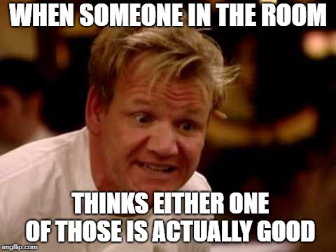 gordan ramsey yells #6 | WHEN SOMEONE IN THE ROOM THINKS EITHER ONE OF THOSE IS ACTUALLY GOOD | image tagged in gordan ramsey yells 6 | made w/ Imgflip meme maker