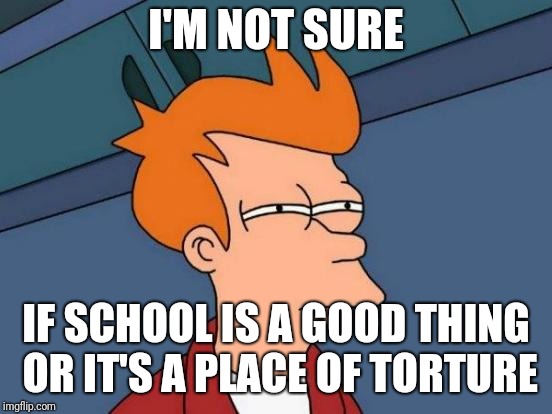 Futurama Fry | I'M NOT SURE; IF SCHOOL IS A GOOD THING OR IT'S A PLACE OF TORTURE | image tagged in memes,futurama fry | made w/ Imgflip meme maker