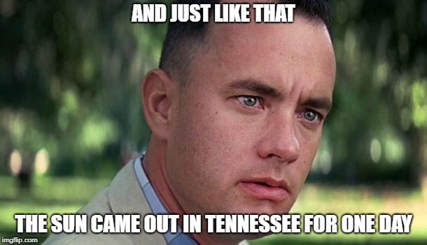 Forest Gump | AND JUST LIKE THAT; THE SUN CAME OUT IN TENNESSEE FOR ONE DAY | image tagged in forest gump | made w/ Imgflip meme maker