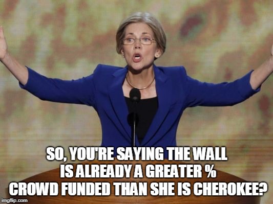 Elizabeth Warren | SO, YOU'RE SAYING THE WALL IS ALREADY A GREATER % CROWD FUNDED THAN SHE IS CHEROKEE? | image tagged in elizabeth warren | made w/ Imgflip meme maker