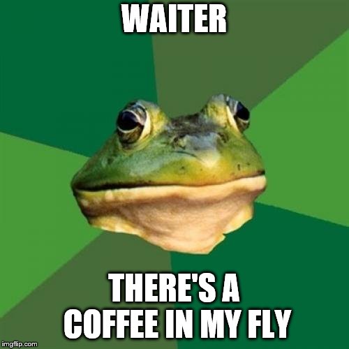Foul Bachelor Frog Meme | WAITER THERE'S A COFFEE IN MY FLY | image tagged in memes,foul bachelor frog | made w/ Imgflip meme maker