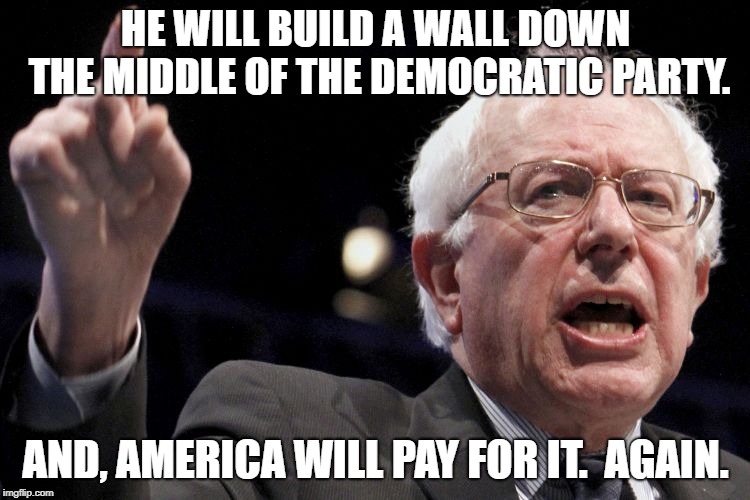 Bernie Sanders | HE WILL BUILD A WALL DOWN THE MIDDLE OF THE DEMOCRATIC PARTY. AND, AMERICA WILL PAY FOR IT.  AGAIN. | image tagged in bernie sanders | made w/ Imgflip meme maker