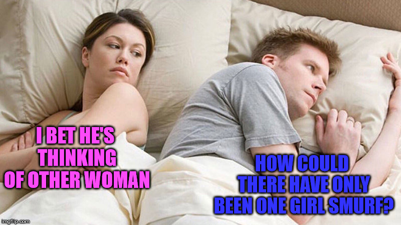 I bet he's thinking of other woman  | HOW COULD THERE HAVE ONLY BEEN ONE GIRL SMURF? I BET HE'S THINKING OF OTHER WOMAN | image tagged in i bet he's thinking of other woman | made w/ Imgflip meme maker