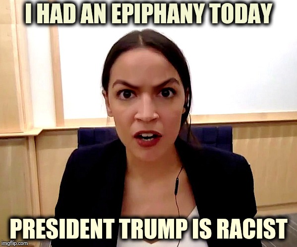 Original thinking got her where she is | I HAD AN EPIPHANY TODAY; PRESIDENT TRUMP IS RACIST | image tagged in alexandria ocasio-cortez,nevertrump,positive thinking,sheeple | made w/ Imgflip meme maker