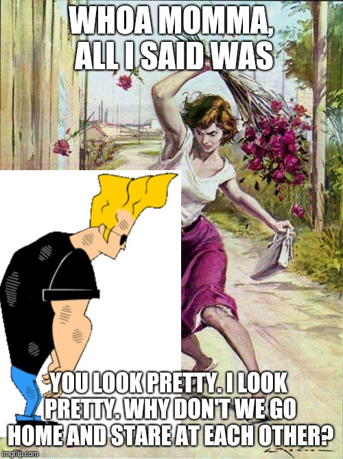 Whoa Momma, watch the hair! | WHOA MOMMA, ALL I SAID WAS; YOU LOOK PRETTY. I LOOK PRETTY. WHY DON'T WE GO HOME AND STARE AT EACH OTHER? | image tagged in beaten with roses,johnny bravo,cartoon network,hanna-barbera,90s kids,cartoons | made w/ Imgflip meme maker