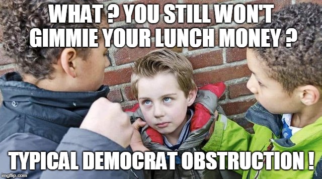 WHAT ? YOU STILL WON'T GIMMIE YOUR LUNCH MONEY ? TYPICAL DEMOCRAT OBSTRUCTION ! | image tagged in bullies,republicans | made w/ Imgflip meme maker