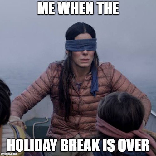 Bird Box | ME WHEN THE; HOLIDAY BREAK IS OVER | image tagged in birdbox | made w/ Imgflip meme maker