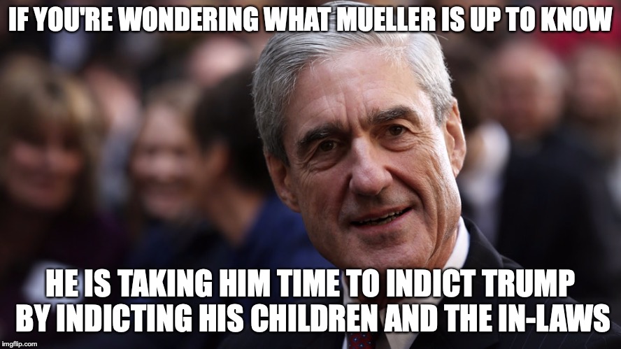 Mueller Now | IF YOU'RE WONDERING WHAT MUELLER IS UP TO KNOW; HE IS TAKING HIM TIME TO INDICT TRUMP BY INDICTING HIS CHILDREN AND THE IN-LAWS | image tagged in robert mueller,memes | made w/ Imgflip meme maker