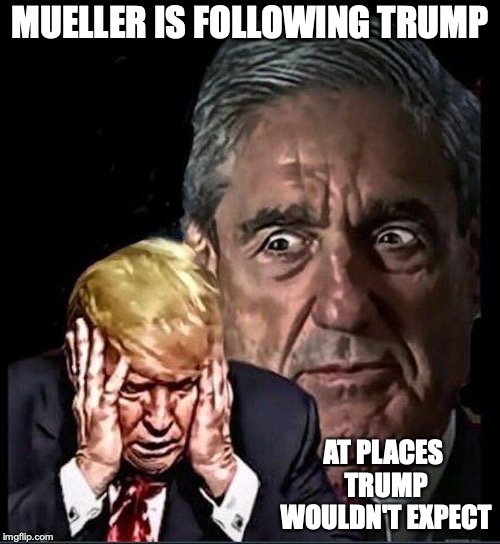 Mueller After Trump | MUELLER IS FOLLOWING TRUMP; AT PLACES TRUMP WOULDN'T EXPECT | image tagged in donald trump,robert mueller,memes | made w/ Imgflip meme maker