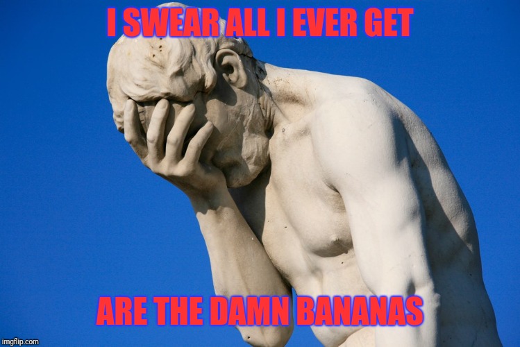 Embarrassed statue  | I SWEAR ALL I EVER GET ARE THE DAMN BANANAS | image tagged in embarrassed statue | made w/ Imgflip meme maker