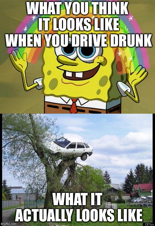 WHAT YOU THINK IT LOOKS LIKE WHEN YOU DRIVE DRUNK; WHAT IT ACTUALLY LOOKS LIKE | image tagged in memes,imagination spongebob,secure parking | made w/ Imgflip meme maker