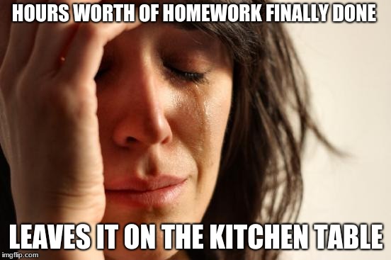 First World Problems | HOURS WORTH OF HOMEWORK FINALLY DONE; LEAVES IT ON THE KITCHEN TABLE | image tagged in memes,first world problems | made w/ Imgflip meme maker