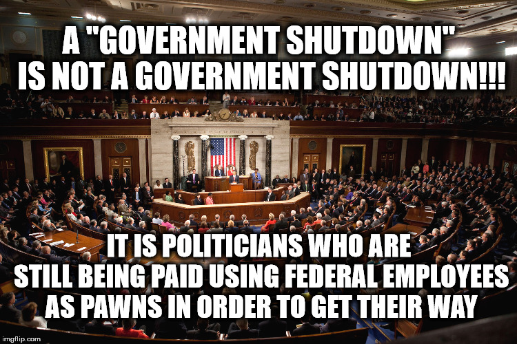 Government Shutdown | A "GOVERNMENT SHUTDOWN" IS NOT A GOVERNMENT SHUTDOWN!!! IT IS POLITICIANS WHO ARE STILL BEING PAID USING FEDERAL EMPLOYEES AS PAWNS IN ORDER TO GET THEIR WAY | image tagged in government shutdown | made w/ Imgflip meme maker