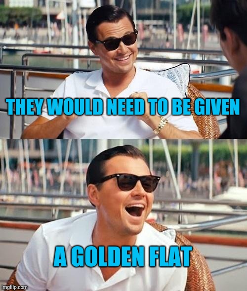 Leonardo Dicaprio Wolf Of Wall Street Meme | THEY WOULD NEED TO BE GIVEN A GOLDEN FLAT | image tagged in memes,leonardo dicaprio wolf of wall street | made w/ Imgflip meme maker