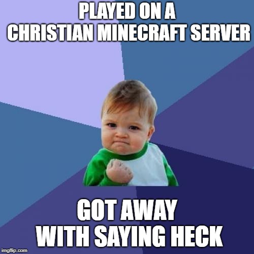 Success Kid Meme | PLAYED ON A CHRISTIAN MINECRAFT SERVER; GOT AWAY WITH SAYING HECK | image tagged in memes,success kid | made w/ Imgflip meme maker
