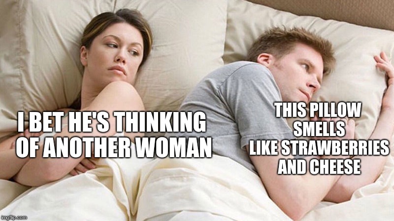 I bet he's thinking of other woman  | THIS PILLOW SMELLS LIKE STRAWBERRIES AND CHEESE; I BET HE'S THINKING OF ANOTHER WOMAN | image tagged in i bet he's thinking of other woman | made w/ Imgflip meme maker