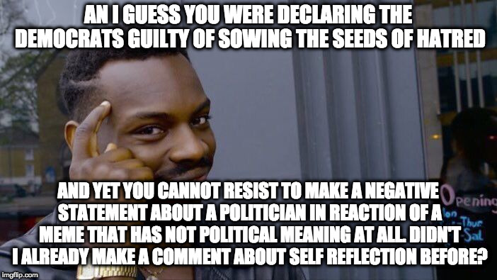 Roll Safe Think About It Meme | AN I GUESS YOU WERE DECLARING THE DEMOCRATS GUILTY OF SOWING THE SEEDS OF HATRED AND YET YOU CANNOT RESIST TO MAKE A NEGATIVE STATEMENT ABOU | image tagged in memes,roll safe think about it | made w/ Imgflip meme maker