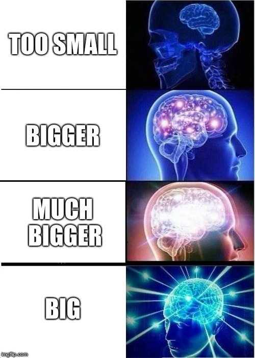 Expanding Brain | TOO SMALL; BIGGER; MUCH BIGGER; BIG | image tagged in memes,expanding brain | made w/ Imgflip meme maker