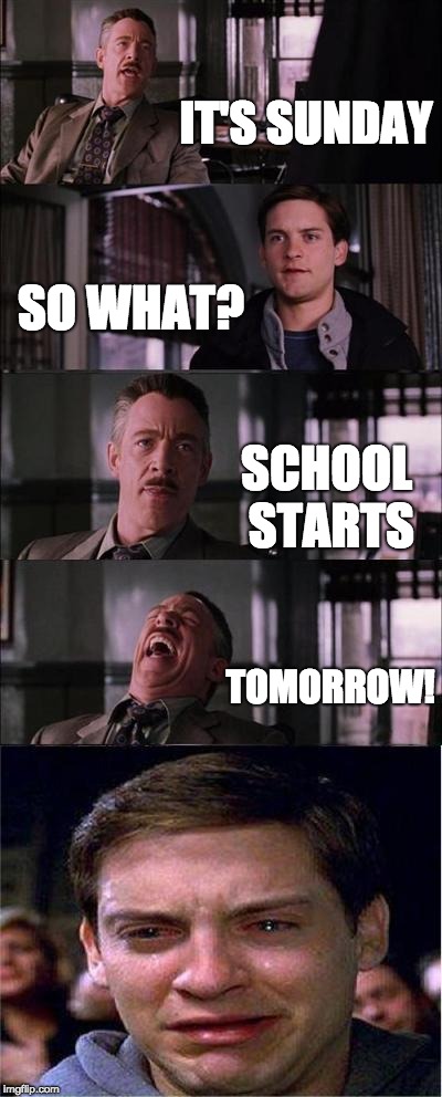Depression on a Sunday | IT'S SUNDAY; SO WHAT? SCHOOL STARTS; TOMORROW! | image tagged in memes,peter parker cry,funny,school,tomorrow,depression | made w/ Imgflip meme maker