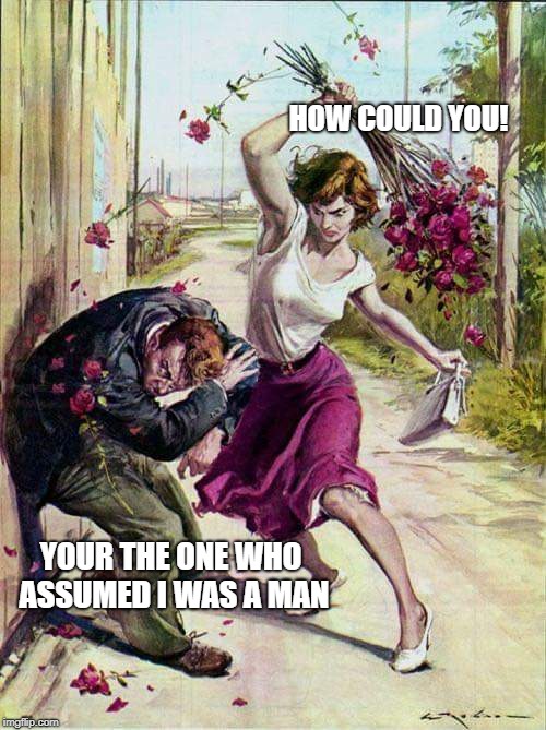 Beaten with Roses | HOW COULD YOU! YOUR THE ONE WHO ASSUMED I WAS A MAN | image tagged in beaten with roses | made w/ Imgflip meme maker