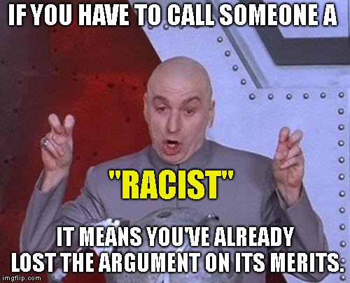 Dr Evil Laser Meme | IF YOU HAVE TO CALL SOMEONE A IT MEANS YOU'VE ALREADY LOST THE ARGUMENT ON ITS MERITS. "RACIST" | image tagged in memes,dr evil laser | made w/ Imgflip meme maker