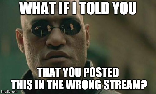 Matrix Morpheus Meme | WHAT IF I TOLD YOU THAT YOU POSTED THIS IN THE WRONG STREAM? | image tagged in memes,matrix morpheus | made w/ Imgflip meme maker